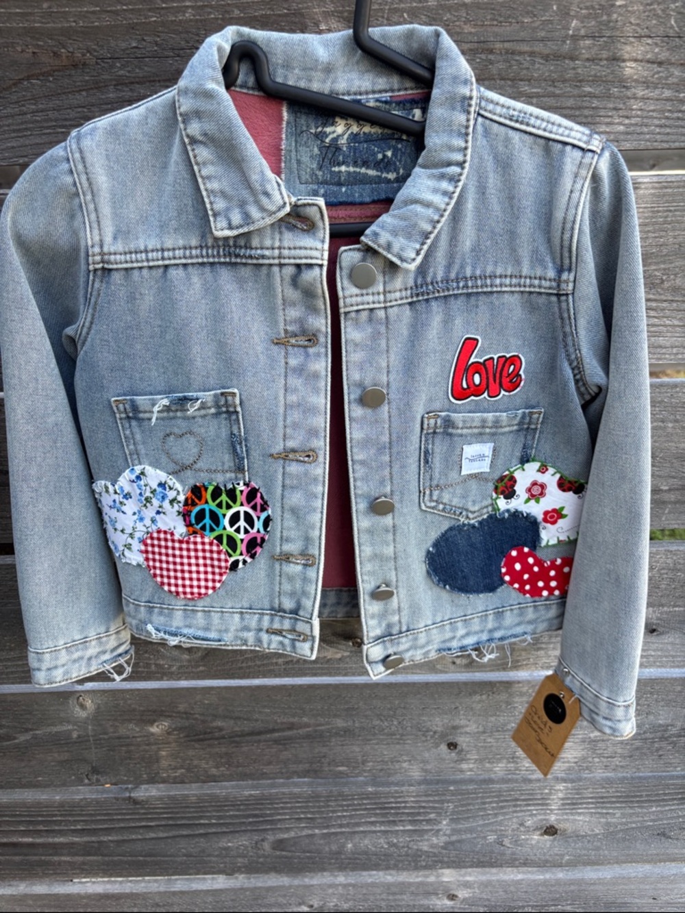 Kids Light Wash Denim Jacket with Love Patch - Gray